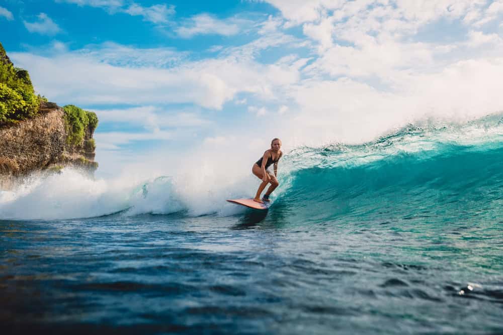Surf,Girl,On,Surfboard.,Woman,In,Ocean,During,Surfing.,Surfer